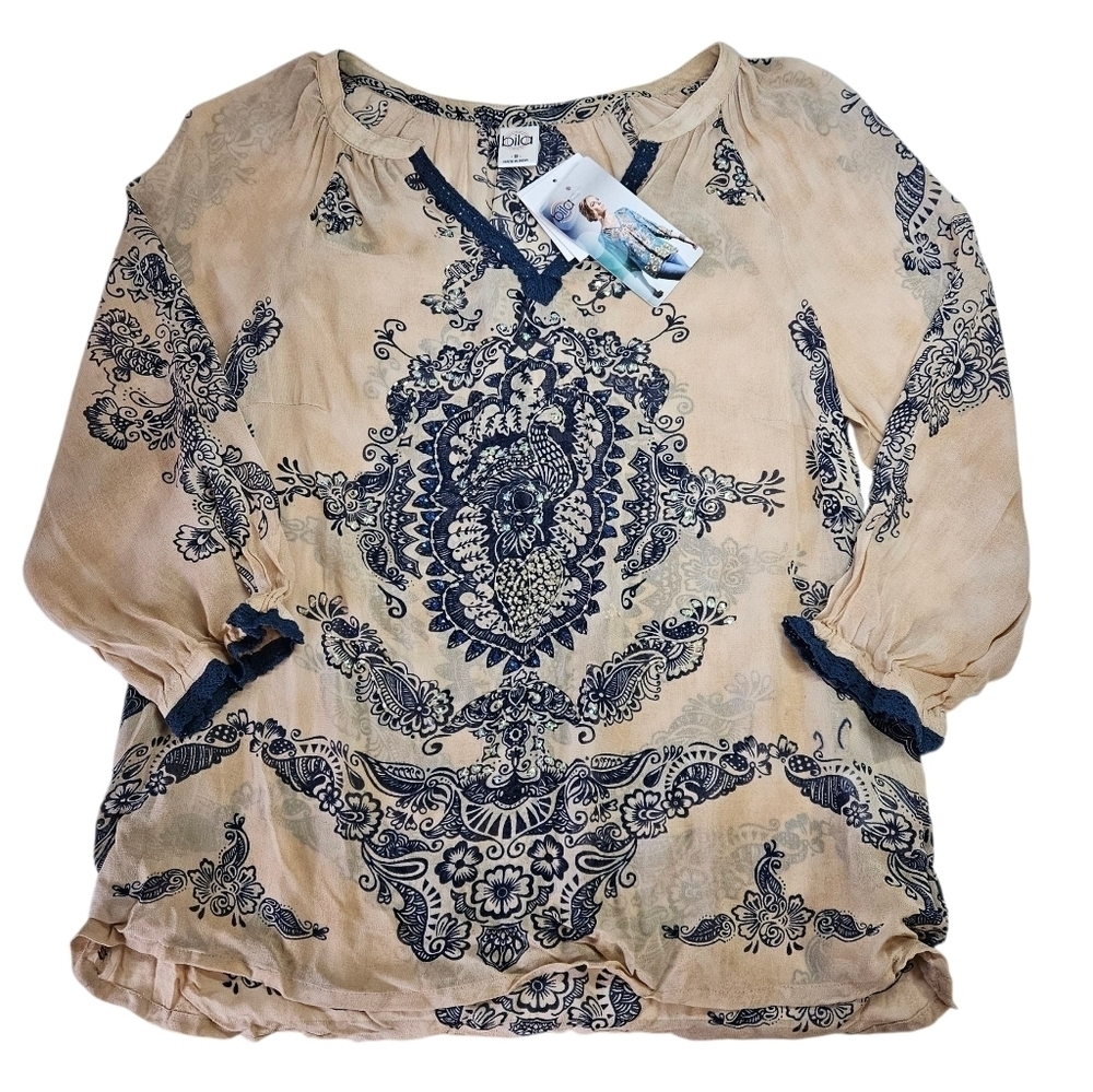 NEW Bila Hand Beaded Bohemians Paisley Print Blouse top Small Made in India